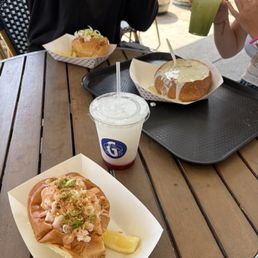 Clam chowder bread bowl, Dungeness crab sandwich, rock crab and shrimp sandwich, cucumber lime Fresca, and strawberry cream soda Clam chowder bread bowl, Dungeness crab sandwich, rock crab and shrimp sandwich, cucumber lime Fresca, and strawberry cream soda