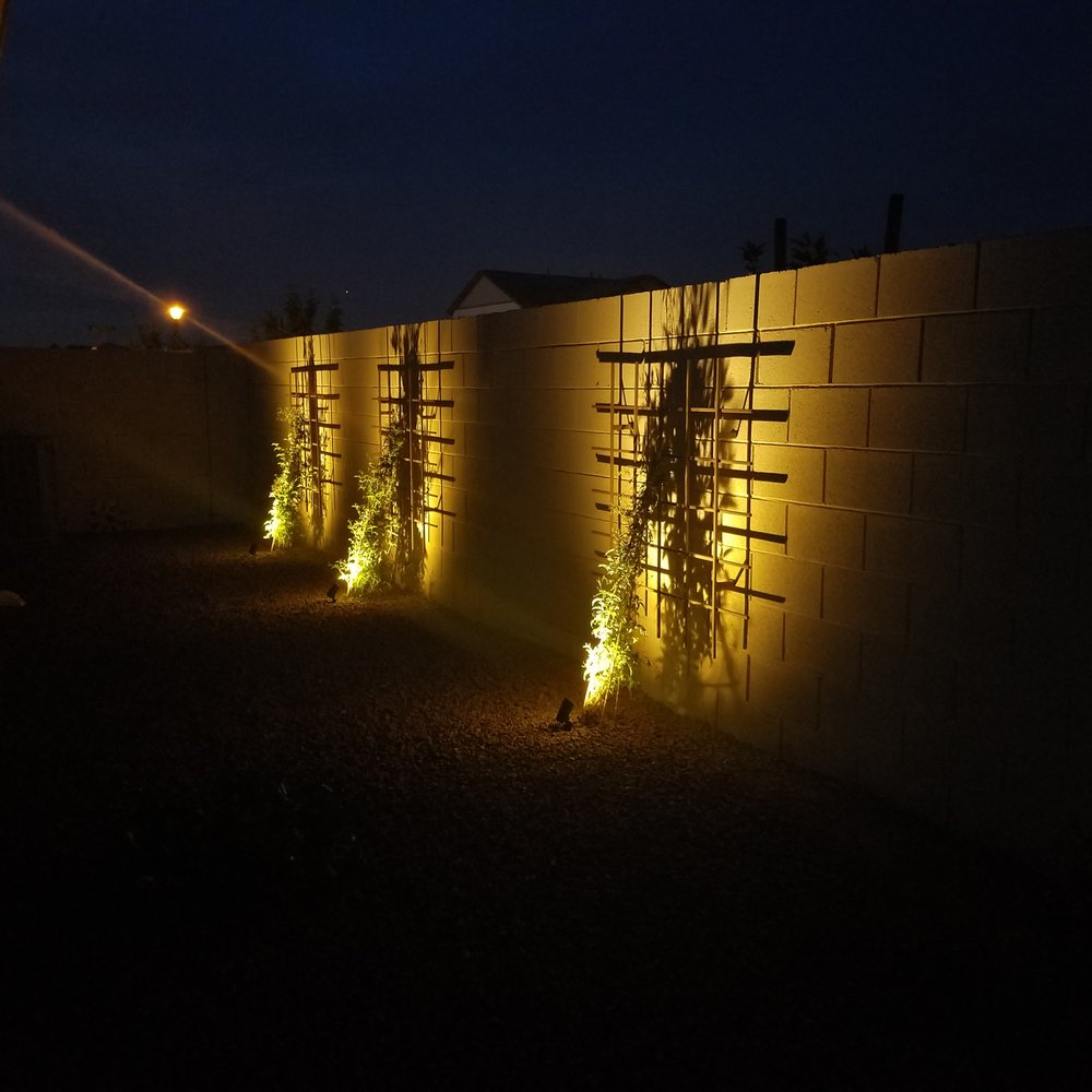The Yard Stylist - LED lighting installed to highlight the trees and trellises - Landscaping Near Me - Gilbert, Arizona