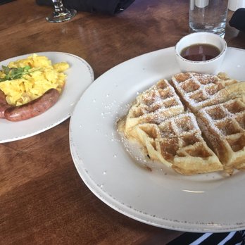 The Lakely - Belgian waffle; sausage; eggs - Restaurants Near Me - Eau Claire, Wisconsin