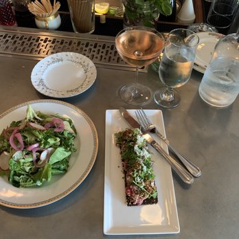 Restaurant Josephine - Delicious, flavorful Foothill Roots Lettuces Salad, Waygu Beef Tartar, yummy Rose and lots of water after a hot day - French Near Me - Auburn, California Restaurant Josephine - Delicious, flavorful Foothill Roots Lettuces Salad, Waygu Beef Tartar, yummy Rose and lots of water after a hot day - French Near Me - Auburn, California