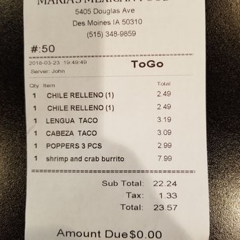 Maria's Mexican Food - You can add tip to your cc transaction. - Mexican Near Me - Des Moines, Iowa