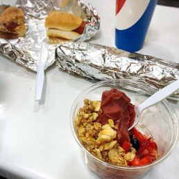 Hot dog, Chicken bake (unopened), and the new Acai bowl Hot dog, Chicken bake (unopened), and the new Acai bowl