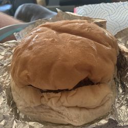 Hall's Kitchen - Double Burger with sausage and cheese. Yummy.