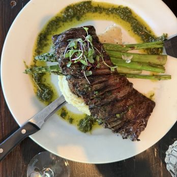 Baird's On B - Skirt steak with chimichurri, mashed potatoes and asparagus - Cocktail Bars Near Me - Lake Oswego, Oregon Baird's On B - Skirt steak with chimichurri, mashed potatoes and asparagus - Cocktail Bars Near Me - Lake Oswego, Oregon