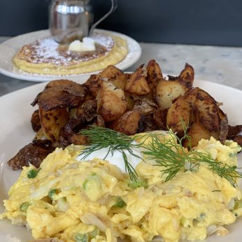 Plow - Dungeness Crab Scramble ($22.5) and side of Lemon Ricotta Pancake ($6) - Breakfast & Brunch Near Me - San Francisco, California