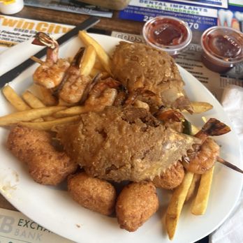 Top O the River - Fried stuffed crab & grilled shrimp k-bob combo (comes with hush puppies & fries) - Seafood Near Me - Gadsden, Alabama Top O the River - Fried stuffed crab & grilled shrimp k-bob combo (comes with hush puppies & fries) - Seafood Near Me - Gadsden, Alabama