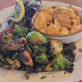 The Savory Grain - blackened salmon, honey glazed brussel sprouts, mac n cheese - New American Near Me - Richmond, Virginia