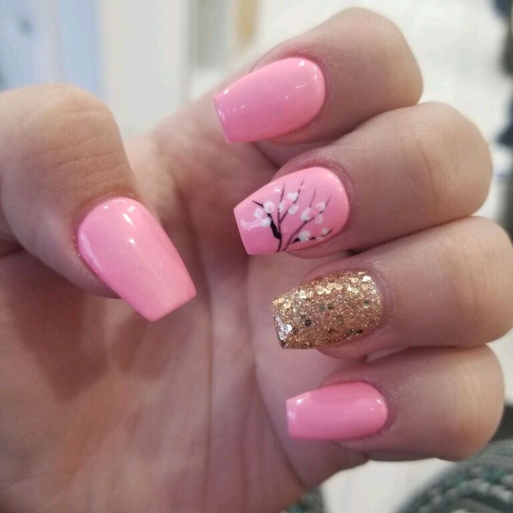 Pure Nails Spa - Cherry blossom design with gel and coffin shape by Jasmine - Nail Salons Near Me - Wildomar, California Pure Nails Spa - Cherry blossom design with gel and coffin shape by Jasmine - Nail Salons Near Me - Wildomar, California