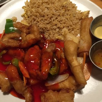 Evergreen Restaurant - My sweet and sour chicken meal with fried rice and a vegetable spring roll. Very good! - Chinese Near Me - Ann Arbor, Michigan