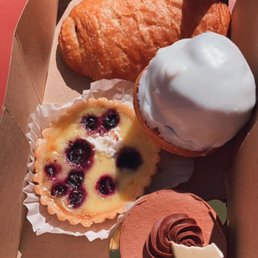 Blueberry Tart, Cinnamon Roll, Chocolate Croissant & Chocolate Mousse