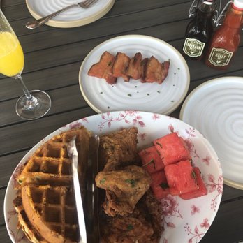 Yardbird Table & Bar - Chicken and waffles and watermelon with a side of the bacon appetizer - Southern Near Me - Miami Beach, Florida Yardbird Table & Bar - Chicken and waffles and watermelon with a side of the bacon appetizer - Southern Near Me - Miami Beach, Florida