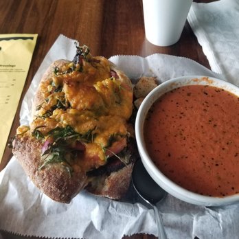 The Ten Top - Pastrami, blue cheese and cheddar melt with tomato,  red onion and arugula. Plus an amazing bowl of tomato parmesan soup. - American Near Me - Norfolk, Virginia