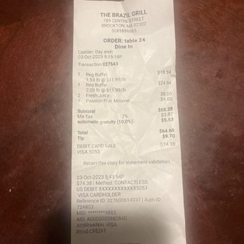 Brazil Grill - a receipt on a table - Brazilian Near Me - Brockton, Massachusetts Brazil Grill - a receipt on a table - Brazilian Near Me - Brockton, Massachusetts