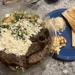 Cafe Barada - Fattouch salad with kafta kebab, harissa labany, hummus and pita.