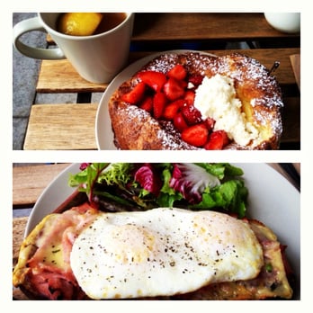 Outerlands - Hot Ginger Lemon Apple Cider; Strawberry Dutch Pancake; Fried Egg Open Face with Smoked Ham - New American Near Me - San Francisco, California