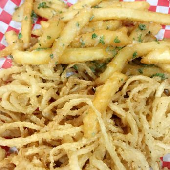 Chip's Old Fashioned Hamburgers - Half garlic fries half onion strings - Fish & Chips Near Me - Plano, Texas