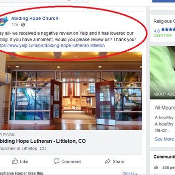 Abiding Hope Lutheran - Abiding Hope is also violating the Yelp Terms of Service (TOS) by asking people for reviews. This is a huge rule violation on Yelp. - Churches Near Me - Littleton, Colorado Abiding Hope Lutheran - Abiding Hope is also violating the Yelp Terms of Service (TOS) by asking people for reviews. This is a huge rule violation on Yelp. - Churches Near Me - Littleton, Colorado