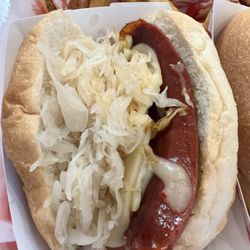 Deerhead Hot Dogs - Smokey hot beef sausage with sauerkraut, cheese, and mustard