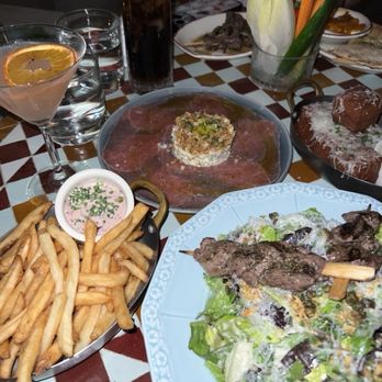 Predalina - L-R: Lou Lou Cosmo, Fries, Carne Crudo, Stroma Bites and Predalina Caesar | 3/25/2026 - Mediterranean Near Me - Tampa, Florida