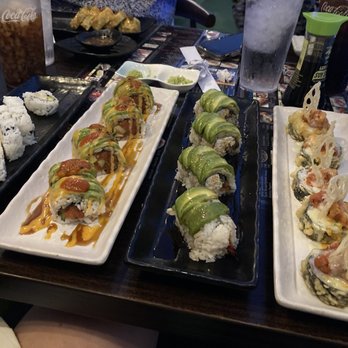 Umi Sushi & Sake - From the right: Viva Vegas Tempura Roll Caterpillar Baked Roll Firefighter Fresh Roll Snow Crab Roll - Japanese Near Me - Bakersfield, California Umi Sushi & Sake - From the right: Viva Vegas Tempura Roll Caterpillar Baked Roll Firefighter Fresh Roll Snow Crab Roll - Japanese Near Me - Bakersfield, California