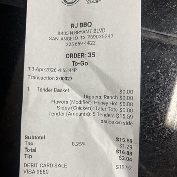 RJ BBQ - Less than $20.00 w/tip dinner for 2. - Barbeque Near Me - San Angelo, Texas