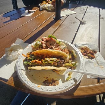 Los Cinco Puntos - carne asada taco and carnitas taco on homemade corn tortillas! (nodal salsa & red chile) - Mexican Near Me - Los Angeles, California Los Cinco Puntos - carne asada taco and carnitas taco on homemade corn tortillas! (nodal salsa & red chile) - Mexican Near Me - Los Angeles, California