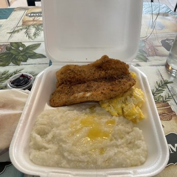 Shrimp Wings & Things - Fried tilapia breakfast with grits, eggs, and toast - Soul Food Near Me - Miami, Florida Shrimp Wings & Things - Fried tilapia breakfast with grits, eggs, and toast - Soul Food Near Me - Miami, Florida