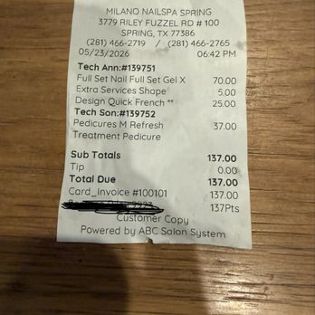 Milano Nail Spa Spring - Her receipt - Nail Salons Near Me - Spring, Texas Milano Nail Spa Spring - Her receipt - Nail Salons Near Me - Spring, Texas