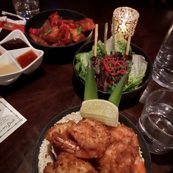 Three Dots and A Dash - Coconut Shrimp, Thai Fried Chicken, and Prime Skirt Steak Skewers - Asian Fusion Near Me - Chicago, Illinois