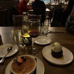 Crème brûlée and chocolate pudding cake w pistachio ice cream