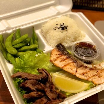 Sushi King - Dinner Bento: Beef Teriyaki and Salmon Teriyaki (Cal Roll not in the picture). Portion is less than during lunch. - Sushi Bars Near Me - Fairfield, California
