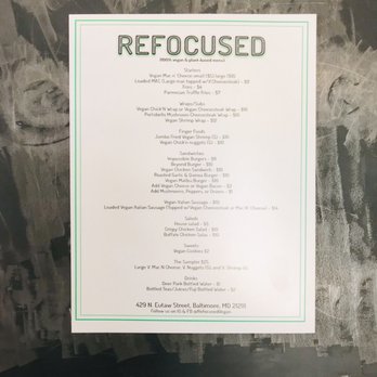 Refocused Vegan - Menu - Vegan Near Me - Baltimore, Maryland