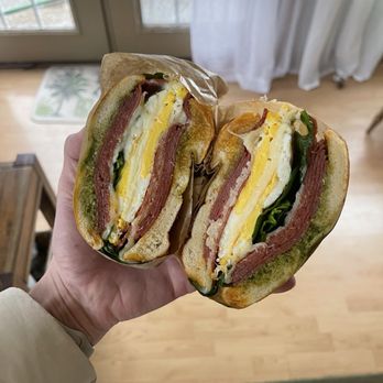 Curbside on the Run - Spicy pepperoni egg sandwich on Asiago - Coffee & Tea Near Me - Pittsburgh, Pennsylvania Curbside on the Run - Spicy pepperoni egg sandwich on Asiago - Coffee & Tea Near Me - Pittsburgh, Pennsylvania