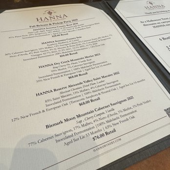 Hanna Winery - Tasting menu - Wineries Near Me - Healdsburg, California
