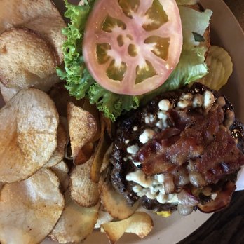 Lucky's Burger Shack - Bacon and blue burger with side of wing chips - Burgers Near Me - Irmo, South Carolina
