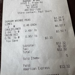 Bashas' - Receipt from bushes showing the outrageous amount for head of cauliflower!!