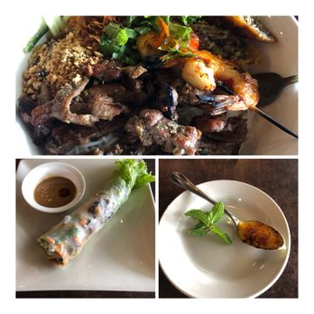 Old Saigon Cafe - Lunch special Old Saigon Vermicelli bowl with pork, shrimp and egg roll with a spring roll to start and spoonful of creme brûlée to finish. - Vietnamese Near Me - Houston, Texas
