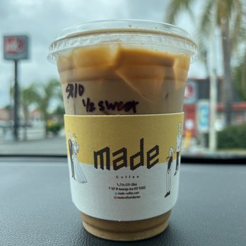 Made Coffee - iced 1/2 sweet spanish latte with oat milk. Perfect! - Coffee & Tea Near Me - Fullerton, California Made Coffee - iced 1/2 sweet spanish latte with oat milk. Perfect! - Coffee & Tea Near Me - Fullerton, California
