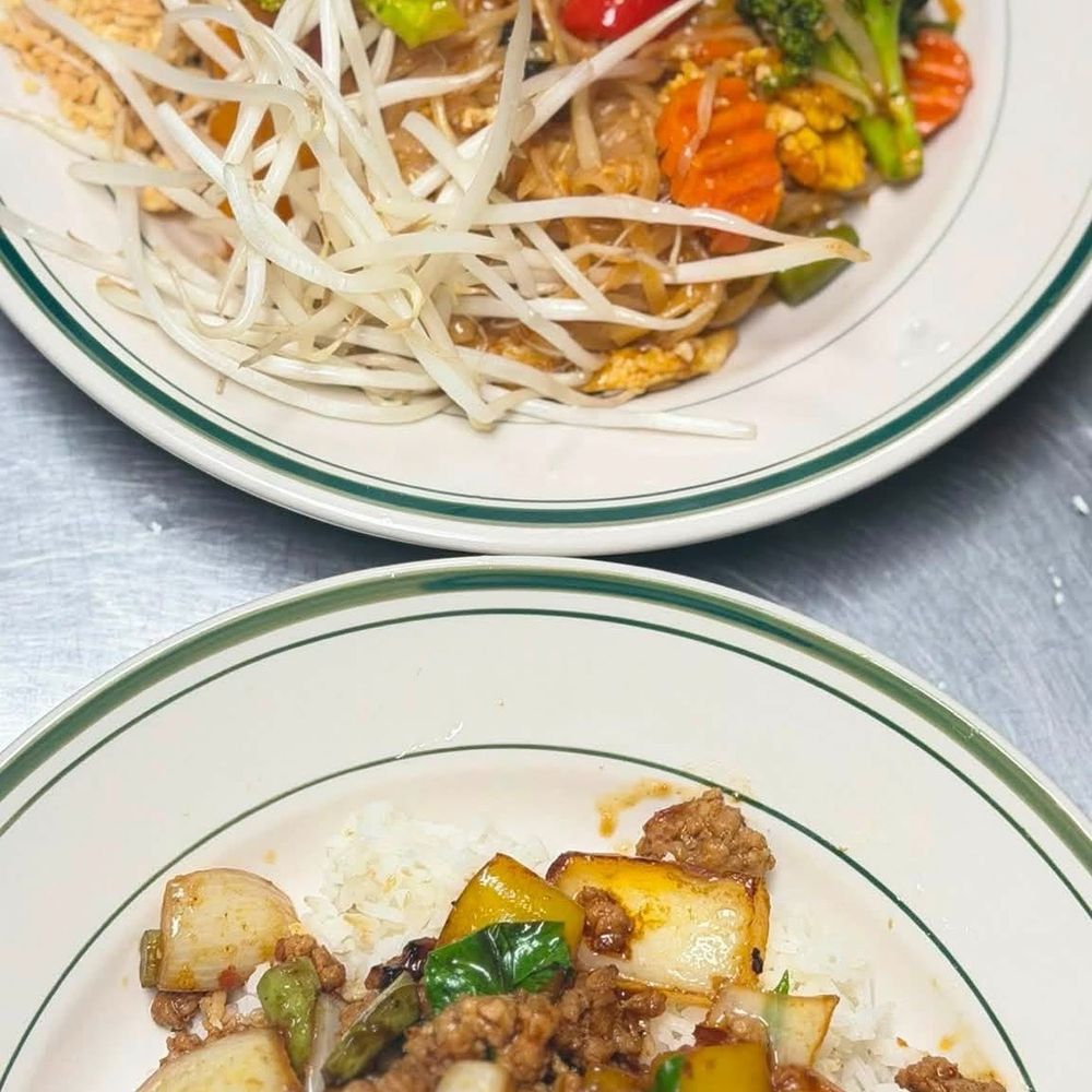 Zabb Siam - Top: Zabb Pad Thai with vegetables Bottom: Pad Krapow Moo (pork) - Thai Near Me - Goldsboro, North Carolina Zabb Siam - Top: Zabb Pad Thai with vegetables Bottom: Pad Krapow Moo (pork) - Thai Near Me - Goldsboro, North Carolina