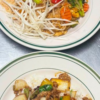 Zabb Siam - Top: Zabb Pad Thai with vegetables Bottom: Pad Krapow Moo (pork) - Thai Near Me - Goldsboro, North Carolina Zabb Siam - Top: Zabb Pad Thai with vegetables Bottom: Pad Krapow Moo (pork) - Thai Near Me - Goldsboro, North Carolina