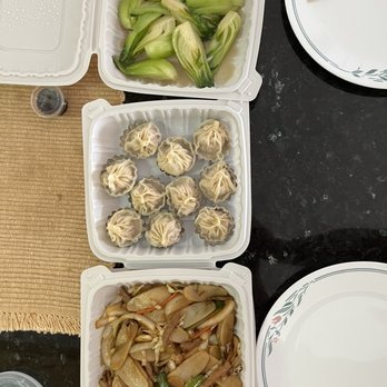 Dumpling Specialist - Green Bok Choy with Garlic (top) 5 Piece Shanghai Dumplings (middle, 2 orders) Shanghai-Style Stir-Fried Rice Cakes (bottom) - Dim Sum Near Me - San Francisco, California