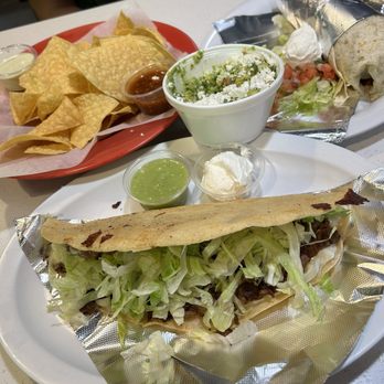 Taqueria Chungas - Chips and guac with our carne asada quesadilla and Al pastor burrrito - yum! - Mexican Near Me - Herriman, Utah