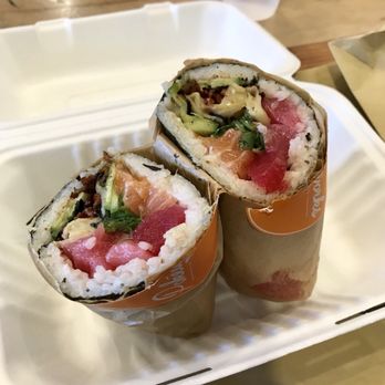 Pokeworks - Poke burrito with ahi, salmon, the fixings (including lotus chips YUM) and unpictured side of sriracha. - Poke Near Me - Irvine, California Pokeworks - Poke burrito with ahi, salmon, the fixings (including lotus chips YUM) and unpictured side of sriracha. - Poke Near Me - Irvine, California