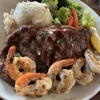 Restaurant 604 - Ribeye Steak with mashed potatoes and veggies (with side of blackened grilled shrimp) - yum! - Breakfast & Brunch Near Me - Honolulu, Hawaii