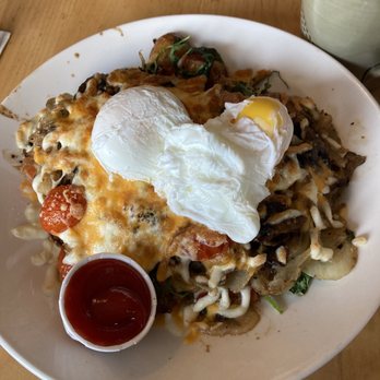 Blue Fox Cafe - potatoes with mushrooms onions tomatoes and cheese add poached eggs - Breakfast & Brunch Near Me - Victoria, British Columbia