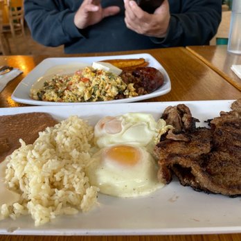Cojutepeque Restaurant - Excellent Salvadoran Breakfasts  Steak and Eggs in front and Super Salvadoran Breakfast at top of photo - Salvadoran Near Me - Los Angeles, California