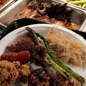 Pick Your Plate - My plate with longanisa, fried chicken (really salty), teriyaki chicken, ribs, pancit, asparagus, and some type of ground beef patty - Fast Food Near Me - Hawthorne, California