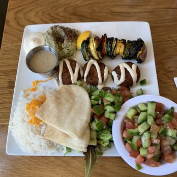 Sidewalk Grill - Falafel plate with babaganoush and shirazi salad sides - Mediterranean Near Me - Los Angeles, California Sidewalk Grill - Falafel plate with babaganoush and shirazi salad sides - Mediterranean Near Me - Los Angeles, California