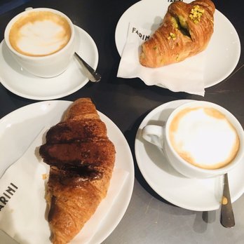 Farini - Left: Cappuccino (€1.12) + Chocolate Croissant (€1.60) Right: Pistachio Croissant (€1.60) + Cappuccino (€1.12) - Italian Near Me - Venezia, VE