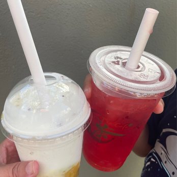 Tea Cafe - Small size Mango Purple Rice Yogurt with mini chewy boba + Large size Strawberry Spring Tea with large popping boba - Coffee & Tea Near Me - Aiea, Hawaii